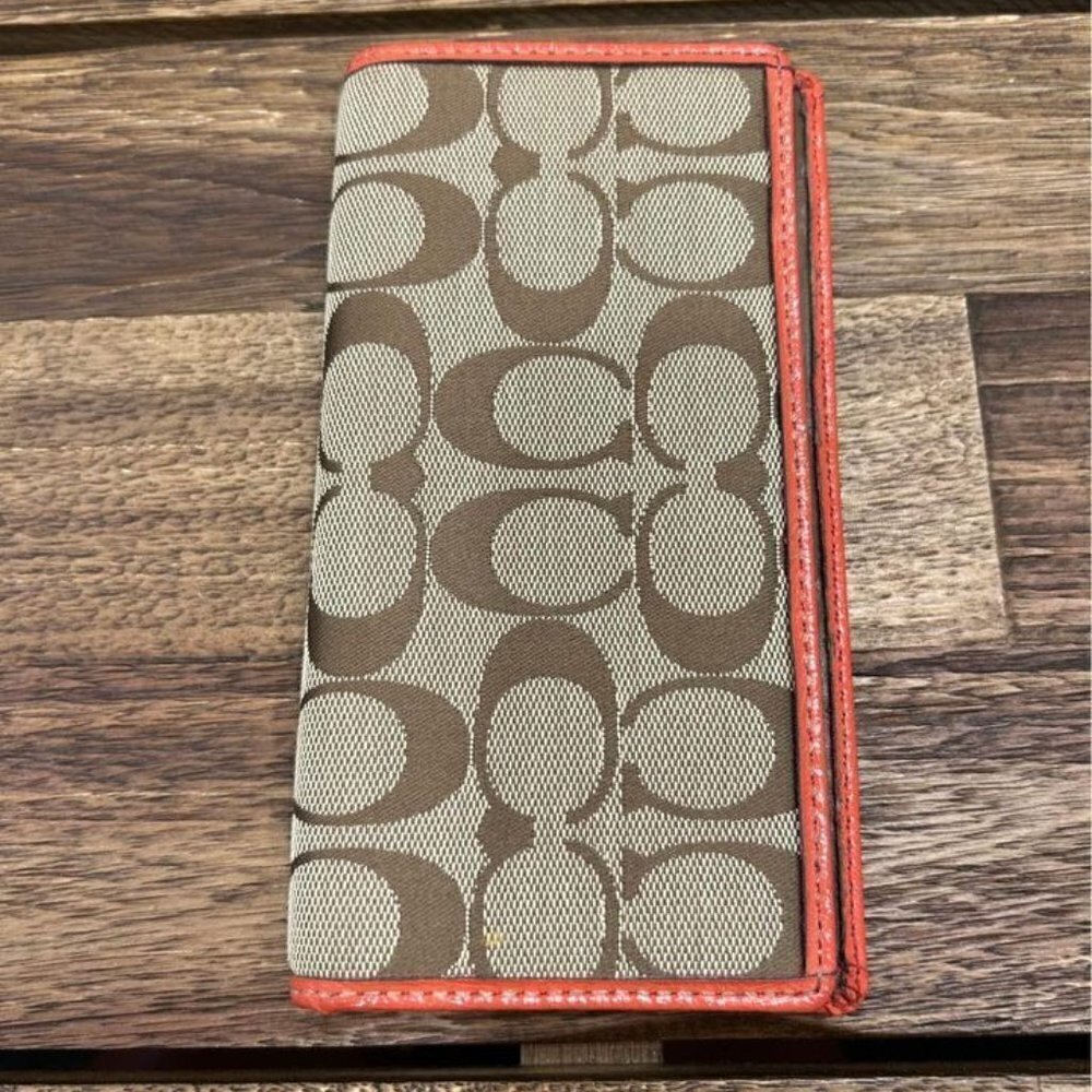 COACH leather cheque book holder, purse wallet. Classic logo, coral border.